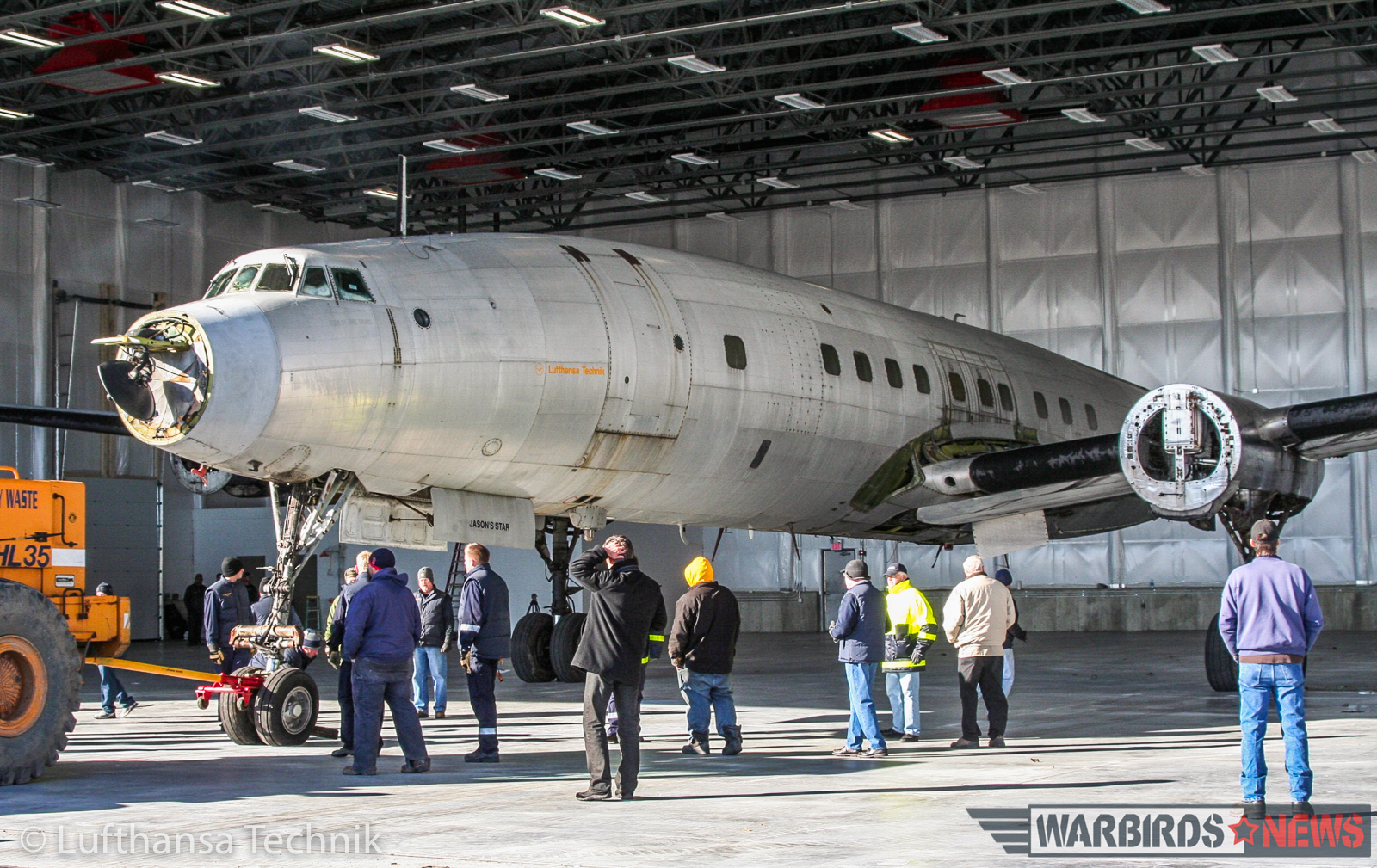 Lufthansa Lockheed L-1649A Super Star Restoration - Part 2 12 Former Trans World Airlines L-1649 Starliner N7316C (c/n 1018) moving into the massive new hangar built to restore her at Auburn-Lewiston Airport in Maine back in late 2008. (© Lufthansa Technik)