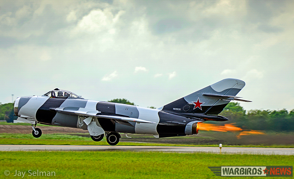 Turkey Wrestling - Flying the TBM Avenger 16 A MiG-17 lifting off of VYS's runway 18 utilizing full afterburner. (Photo by Jay Selman)