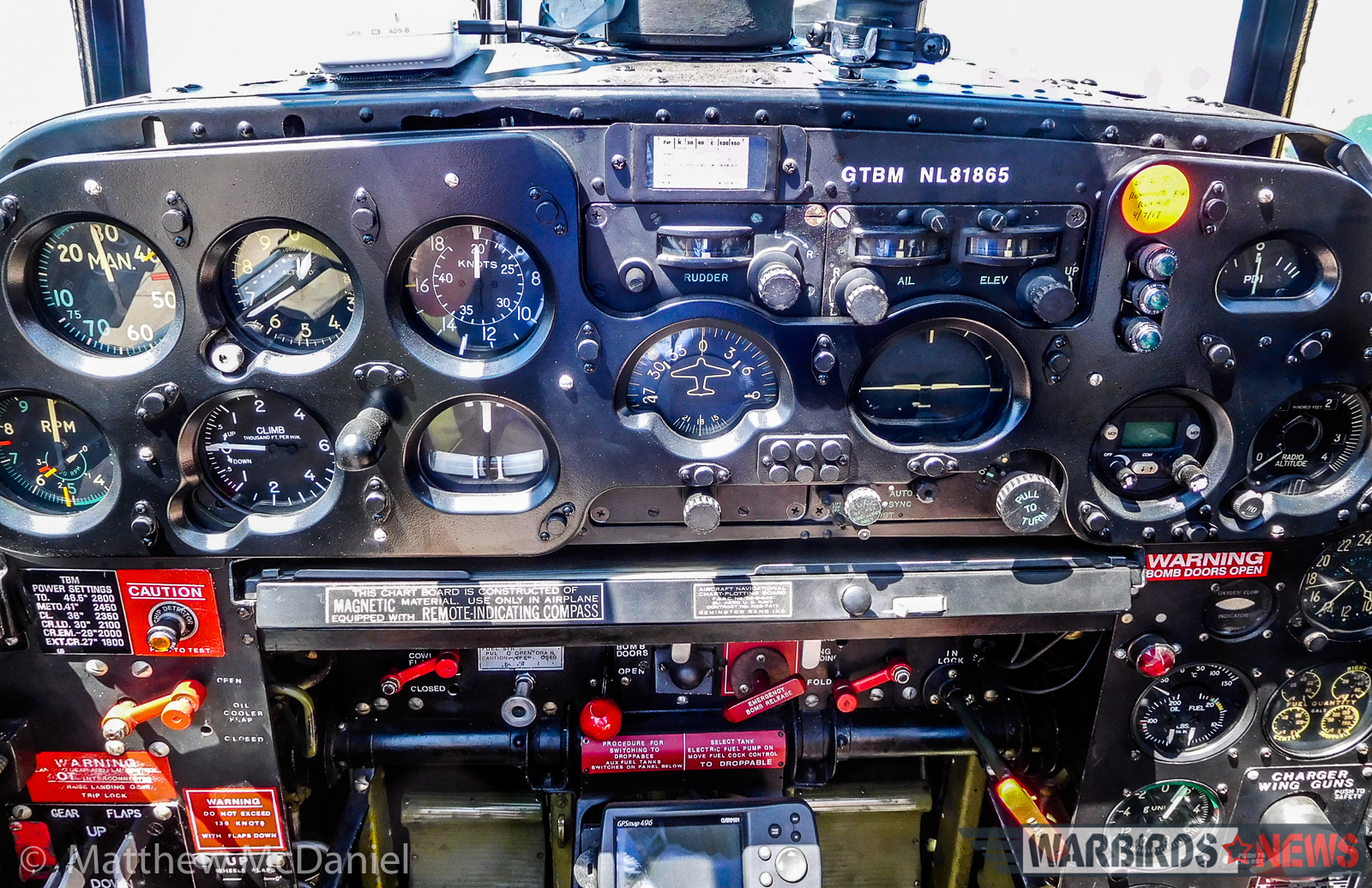 Turkey Wrestling - Flying the TBM Avenger 22 The pilot's main instrument panel on Deckert's TBM remains as close to original as possible. The critical trim indicators are situated front and center. Flap and gear levers are at the lower left corner of photo. (Photo by Matthew McDaniel)