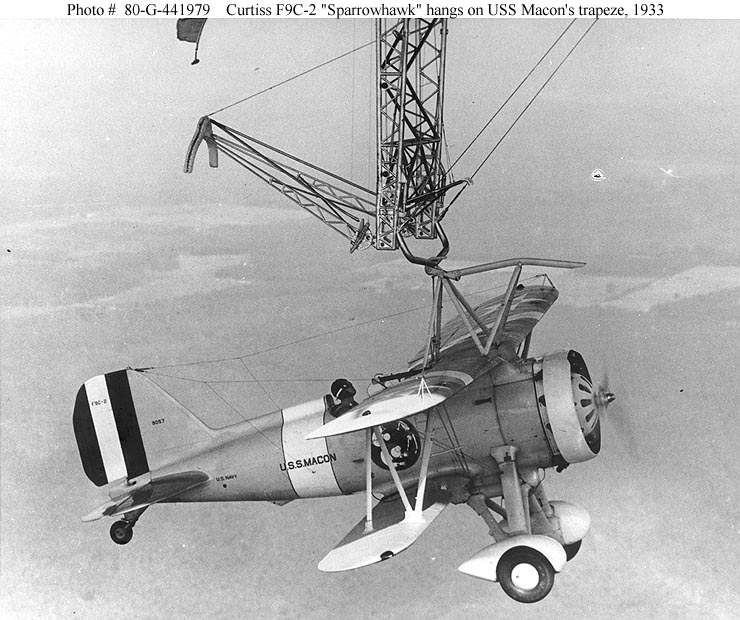 Today in Aviation History: Loss of USS Macon 15 02990511 Curtiss F9C 2 Sparrowhawk fighter about to be released from the trapeze of the USS Macon US Navy photo