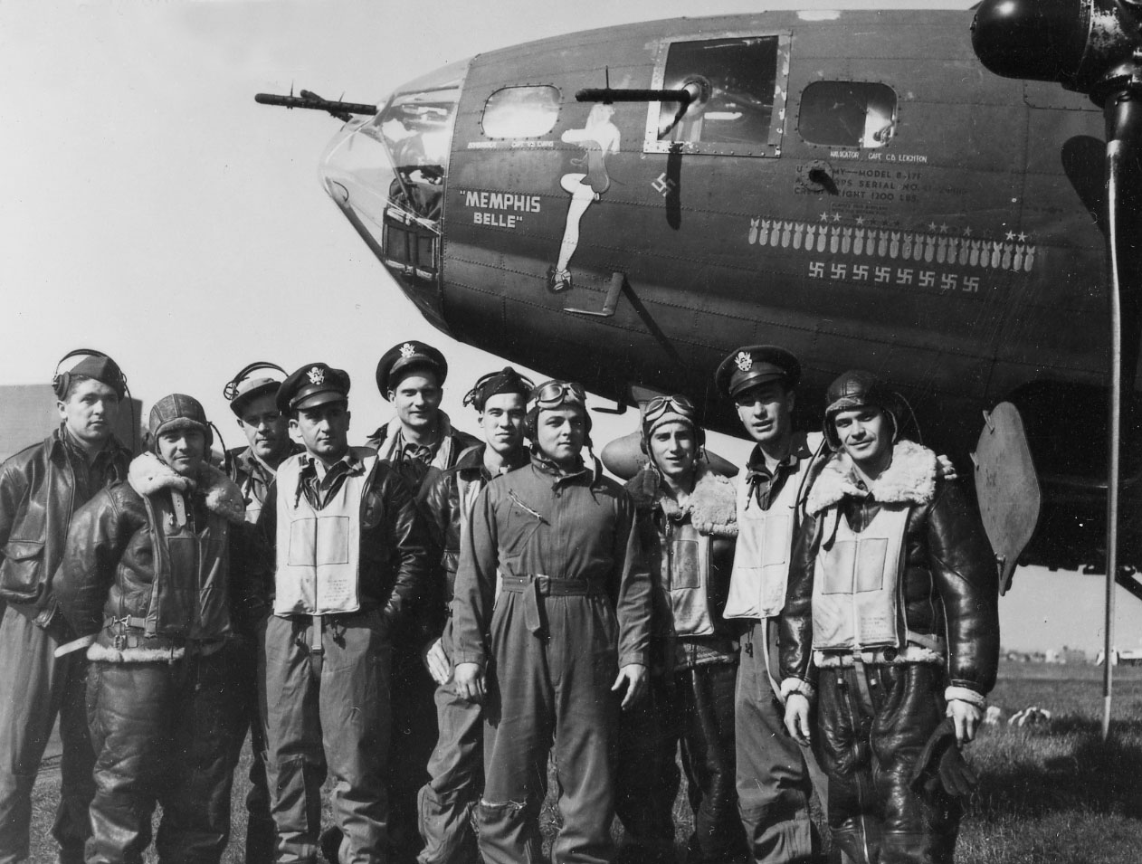 Memphis Belle to be Placed on Public Display in May 2018 11 The crew of the "Memphis Belle"® after their 25th mission: (l to r) TSgt. Harold Loch (top turret gunner/engineer), SSg.t Cecil Scott (ball turret gunner), TSgt. Robert Hanson (radio operator), Capt. James Verinis (copilot), Capt. Robert Morgan (pilot), Capt. Charles Leighton (navigator), SSgt. John Quinlan (tail gunner), SSgt. Casimer Nastal (waist gunner), Capt. Vincent Evans (bombardier), and SSgt. Clarence Winchell (waist gunner). (U.S. Air Force photo) Gen. Hap Arnold, commander of the U.S. Army Air Forces, examining the "Mempis Belle" after it returned to the United States. (U.S. Air Force photo)