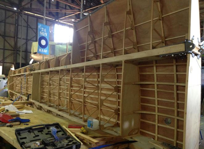 Australian Airspeed Oxford - Project Update 16 A nice view of the internal structure of the Oxford's left wing. (photo via B-24 Liberator Memorial Fund)