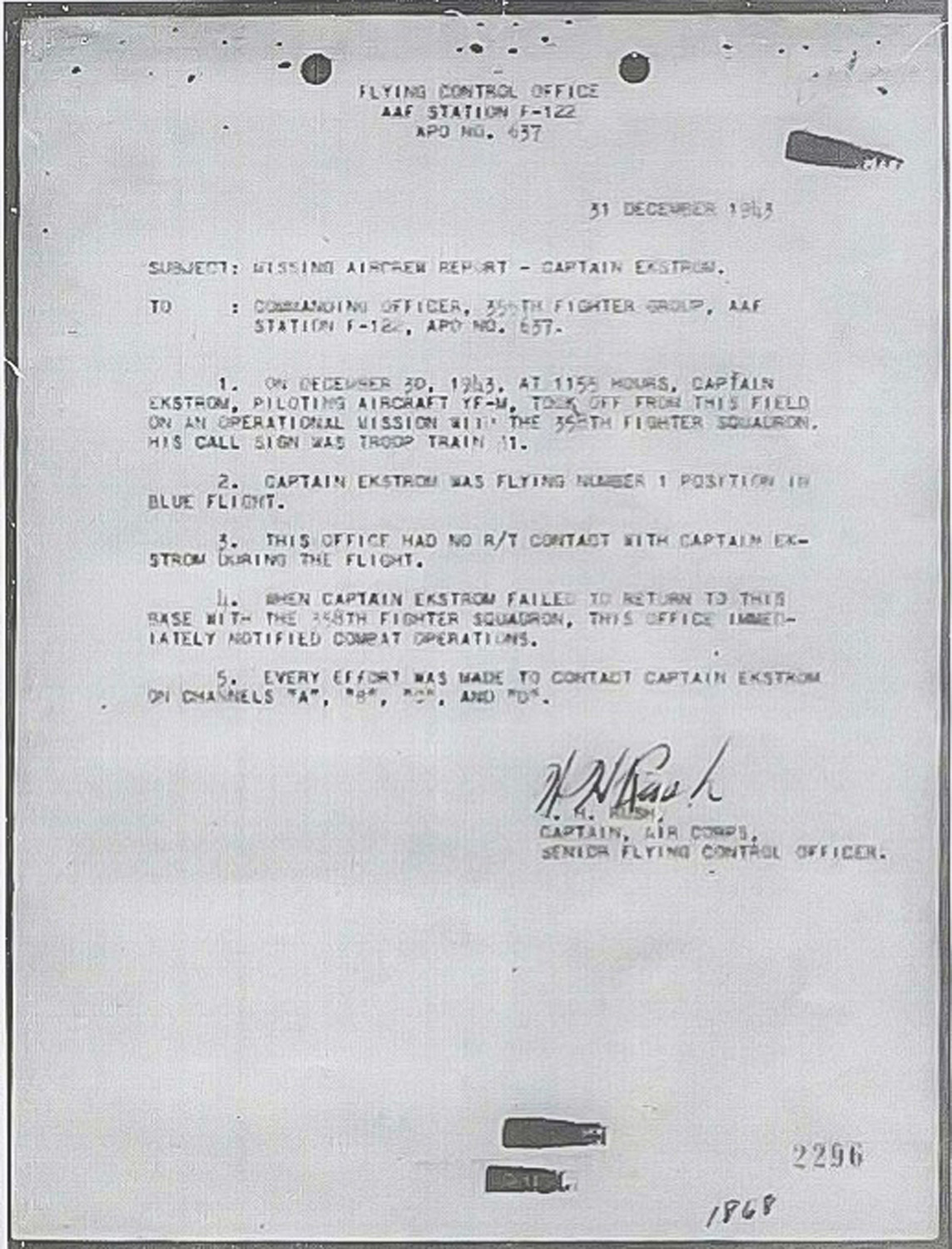 Finding Closure: Unique Encounter Ends Seven Decades of Emptiness 12 Displayed is the official Missing Aircrew Report from Dec. 13, 1943 detailing the last actions of Capt. Carl Ekstrom. Ekstrom was shot down over France while piloting a P-47 Thunderbolt following a bomber escort mission. (Courtesy Photo)