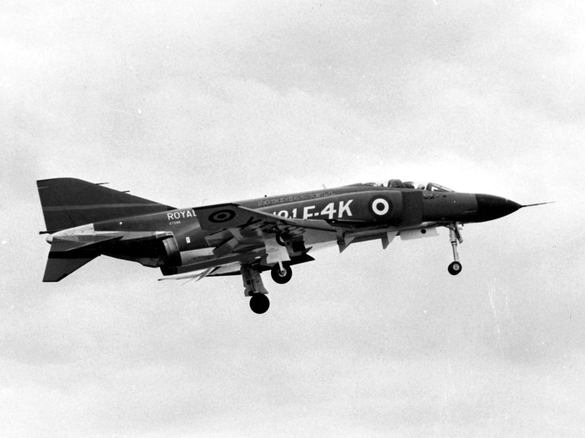 RAF Phantom "Black Mike' Moves to RAF Cosford 11 1200px-First_F-4K_Phantom_FG.1_landing_at_McDonnell_plant_1966