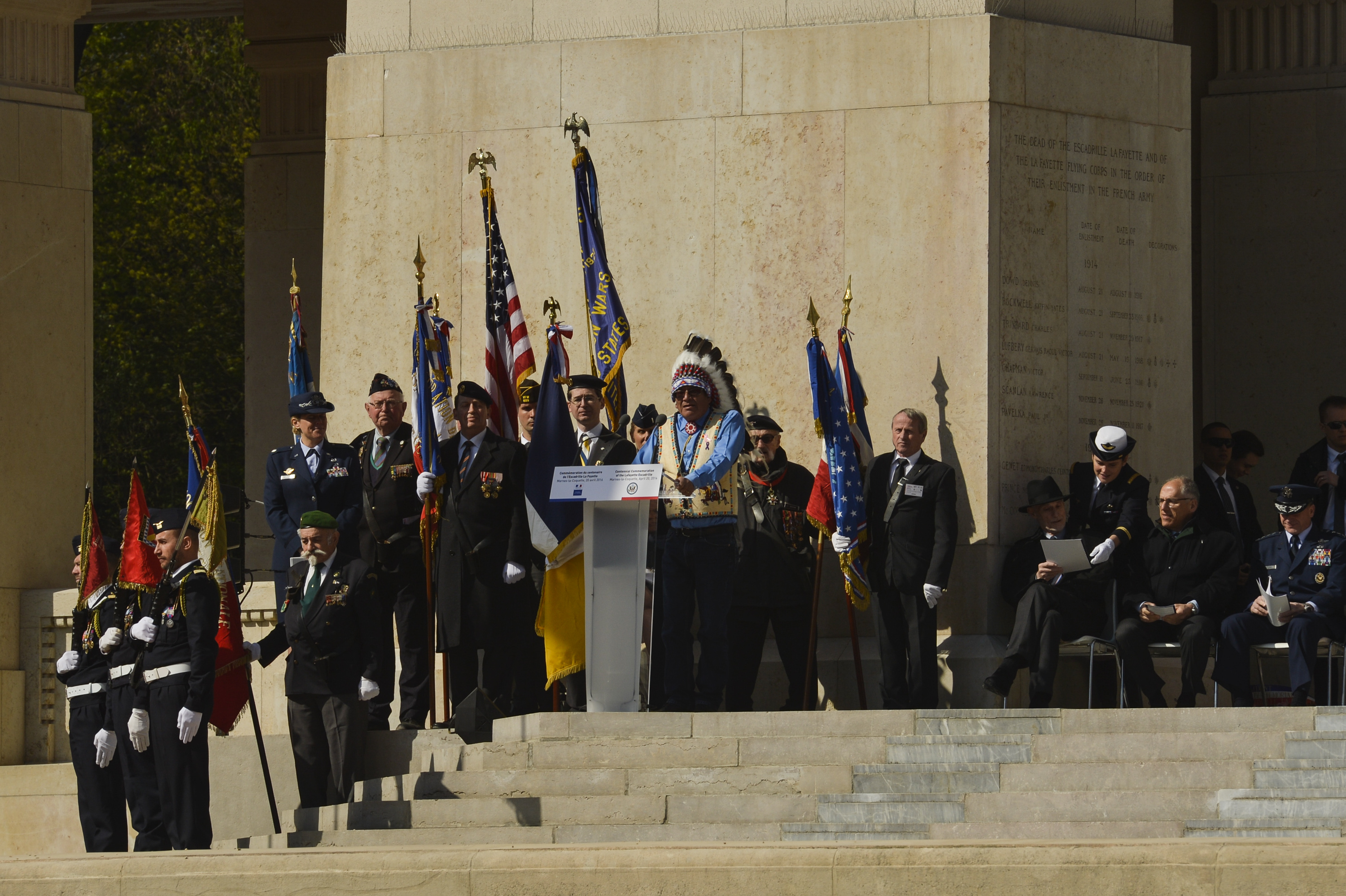 Lafayette Escadrille Honored at Centennial Event 11 John Yellow Bird Steele, representing the Sioux Nation, offers a traditional Native American incantation during the Lafayette Escadrille Memorial 100th anniversary ceremony in Marnes-la-Coquette, France, April 20, 2016. More than 200 Americans flew with France in the Lafayette Flying Corps prior to U.S. entry into World War I. Airmen from the U.S. Air Force and their French counterparts, along with civilians from both countries attended the ceremony to honor the men who served and the sacrifices of the 68 American airmen who died fighting with the French in World War I. The memorial highlights the 238-year alliance between the U.S. and France with their long history of shared values and sacrifice. (U.S. Air Force Photo by Tech. Sgt. Joshua DeMotts/Released)