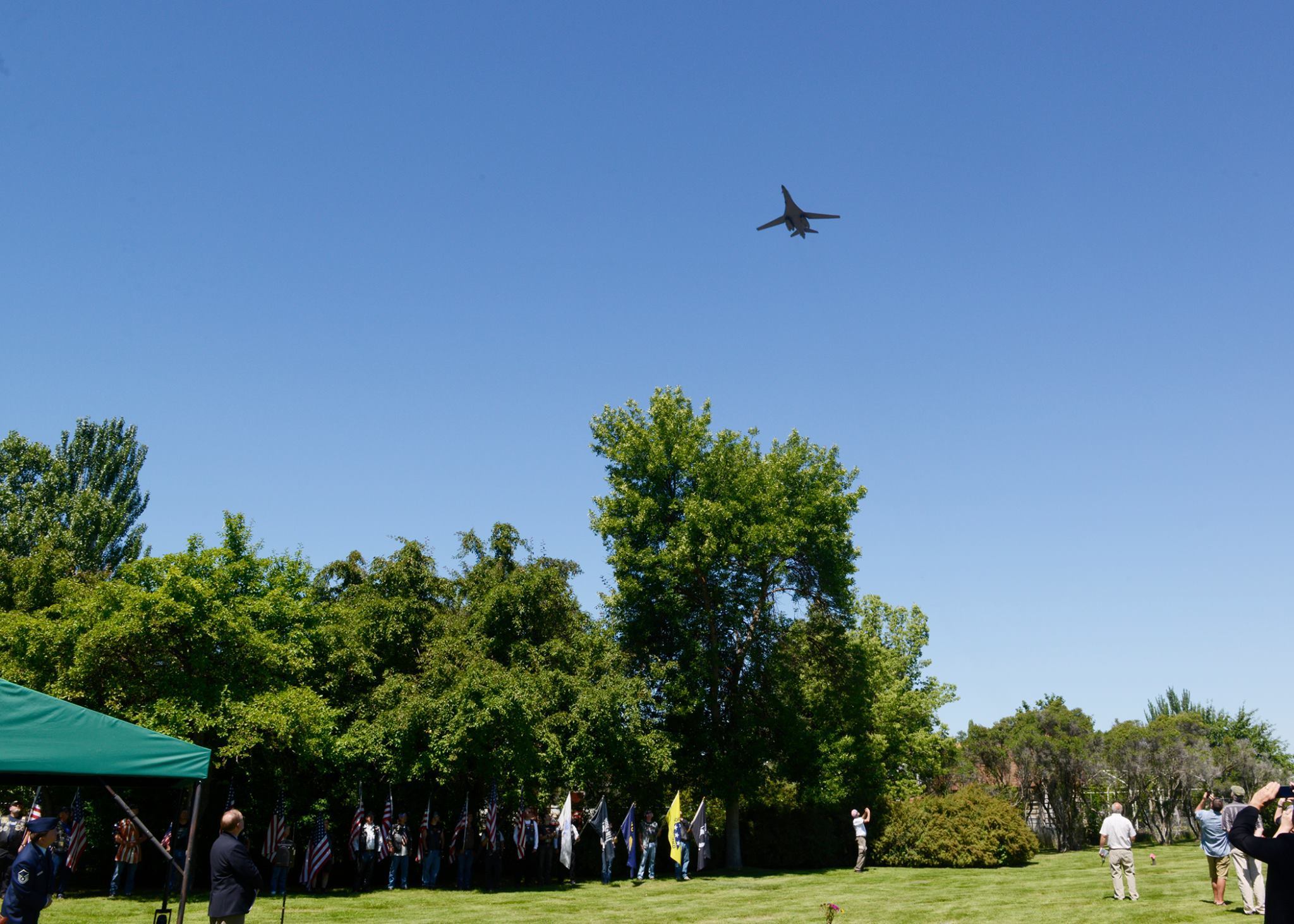 Doolittle Raider Honored 11 A B-1 Lancer from the 28th Bomb Wing at Ellsworth Air Force Base, S.D., performs a slow-speed flyover in honor of Staff Sgt. David J. Thatcher June 27, 2016, in Missoula, Mont. At 20 years old, and as an engineer gunner in Flight Crew 7 of the Doolittle Tokyo Raids, Thatcher’s crew crash-landed into sea off the coast of China April 18, 1942. Thatcher saved four members of the crew by pulling them to safety on the surrounding beach and applying life-saving medical treatment, even though he was injured himself. (U.S. Air Force photo by 2nd Lt. Annabel Monroe)