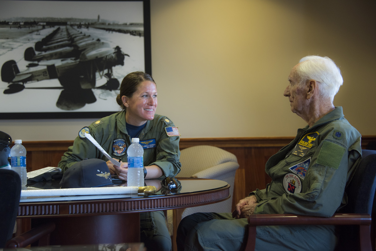 Legendary Ace Flies His 100th Aircraft in "the Birthplace of Naval Aviation" 11 Retired Cmdr. Dean "Diz" Laird, right, and Lt. Cmdr. Nicole Johnson, a pilot instructor with the "Flying Eagles" of Strike Fighter Squadron (VFA) 122, conduct a flight brief for a T-34C Turbomentor. The T-34C marks the 100th aircraft Laird has flown in his 95-year lifetime. (U.S. Navy photo by Mass Communication Specialist 2nd Class Paolo Bayas/Released)