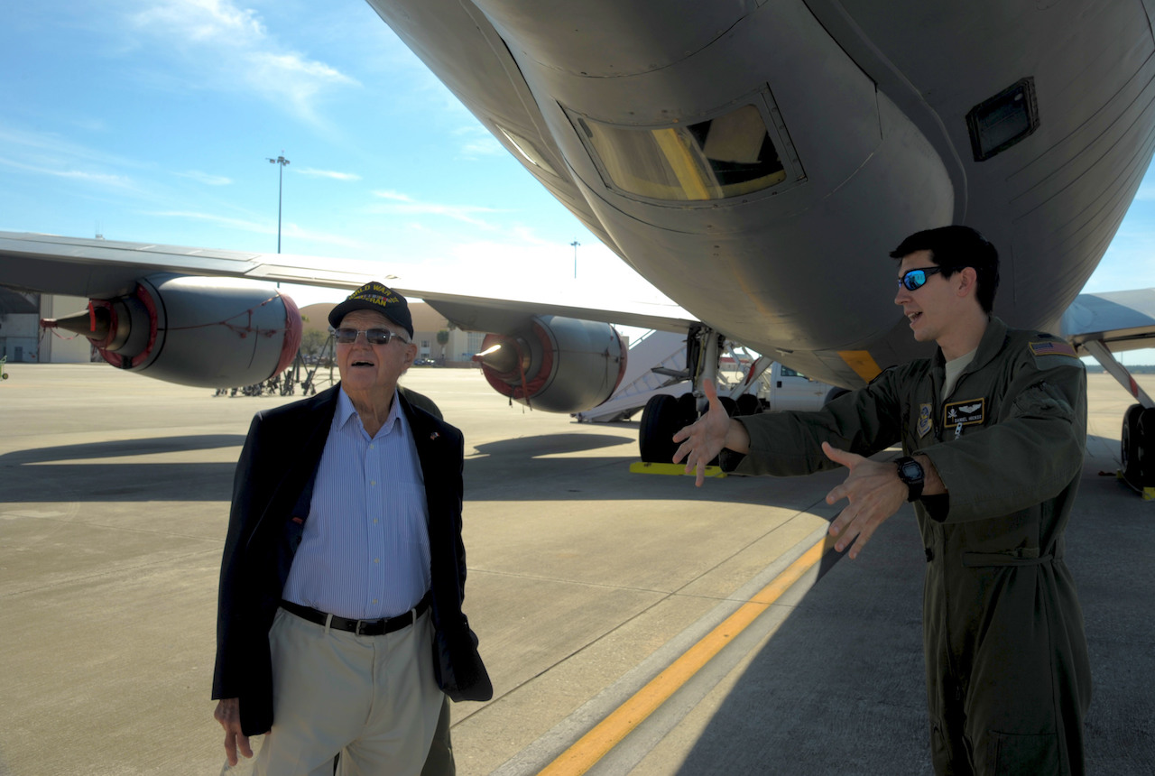 Pioneer of Tactical Airlift visits MacDill AFB 12 Capt. Daniel Hickox, right, chief of readiness assigned to the 91st Air Refueling Squadron, explains the mission of a KC-135 Stratotanker to Keith Cole, a WWII veteran, at MacDill Air Force Base, Fla., Jan. 18, 2017. Cole was given a tour of the flight line and shown the inside of a KC-135. (U.S. Air Force photo by Airman 1st Class Adam R. Shanks)