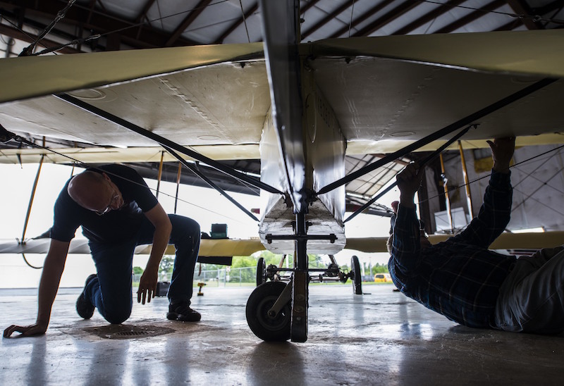 Curtiss JN-4D Jenny, Scott AFB Celebrate 100 Years of Service 14 Members of Friends of Jenny perform rountine maintenace on the J-4 Jenny, May, 4, 2017 at Bowling Green, Kentucky. Other than the fact it was the first training plane, in 1917 Congress made the largest single appropriation in the United States, 640 million dollars to build an Air Force because at that point there were around 32 airplanes, in which, 10 or 12 were serviceable. (U.S. Air Force photo/Senior Airman Tristin English)