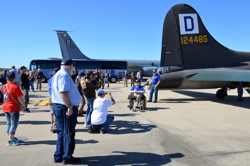 Past and Present Meet at Bloody Hundredth Reunion 11 Members of the 100th Bomb Group Foundation inspect a B-17 Flying Fortress and KC-135 Stratotanker on static display at Washington Dulles International Airport, Va., Oct. 19, 2017. The foundation hosted a reunion for members of the original 100th Bombardment Group from World War II. (U.S. Air Force photo/Tech. Sgt. David Dobrydney)