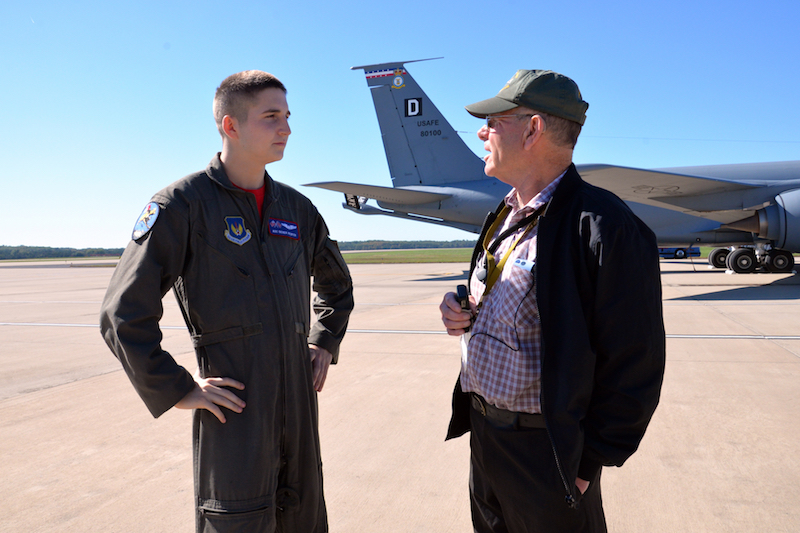 Past and Present Meet at Bloody Hundredth Reunion 12 U.S. Air Force Airman 1st Class Derek Piefer, 351st Air Refueling Squadron boom operator, talks with Ron Batley during the opening event of the 100th Bomb Group Foundation reunion at Washington Dulles International Airport, Va., Oct. 19, 2017. The event featured a static display of a B-17 Flying Fortress and KC-135 Stratotanker. Batley is the curator of the 100th Bomb Group Memorial Museum in England. (U.S. Air Force photo/Tech. Sgt. David Dobrydney)