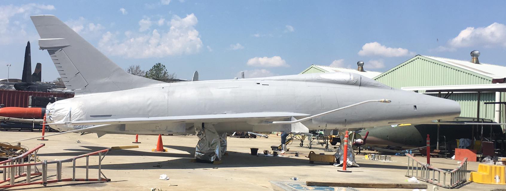 Museum of Aviation F-100 Super Sabre Goes on Display 19 Next comes a light grey top coat primer. (photo by Aaron Robinson)
