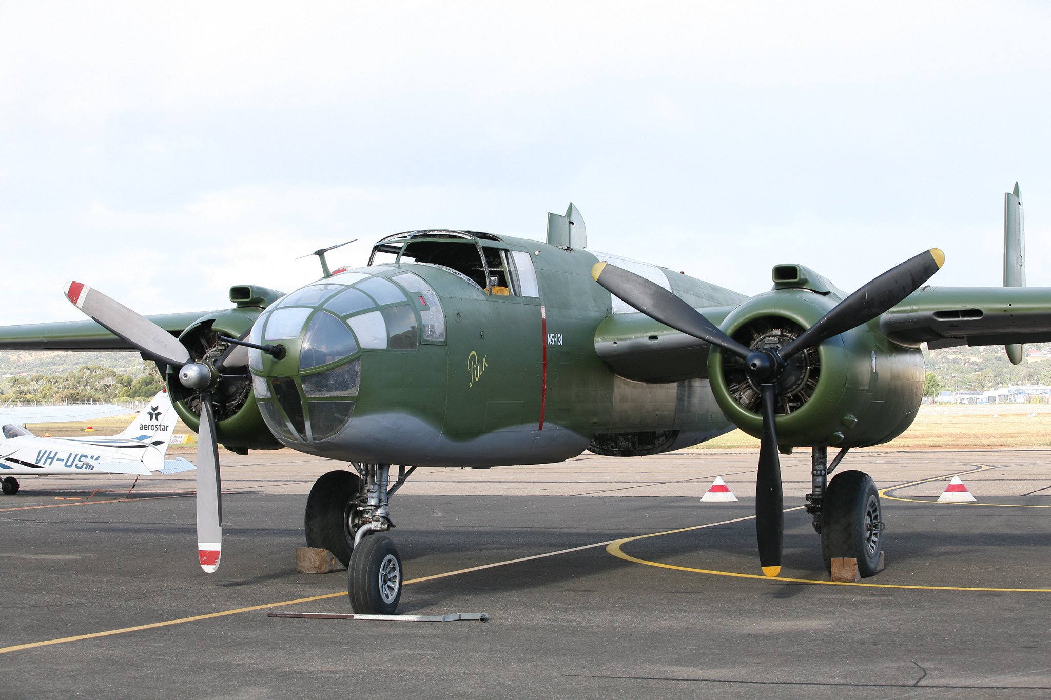 Douglas A-26 Invader Movements Downunder 19 Reevers B-25 at her rollout ceremony in April this year. There is still much work to do, but she has come forwards very quickly from where she once was. (Photo via Reevers)