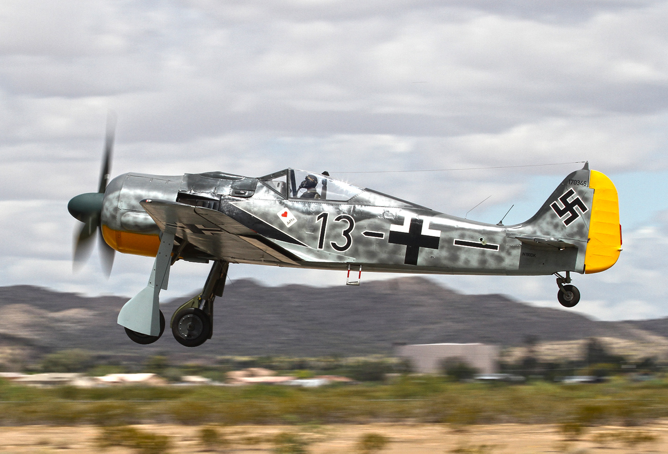 FW-190 First Flight At GossHawk Unlimited!!! 10 Klaus Plasa airborne for the first time in Dan Kirkland's FW-190A8/N following its construction at GossHawk Unlimited in Casa Grande, Arizona. (photo via GossHawk Unlimited)