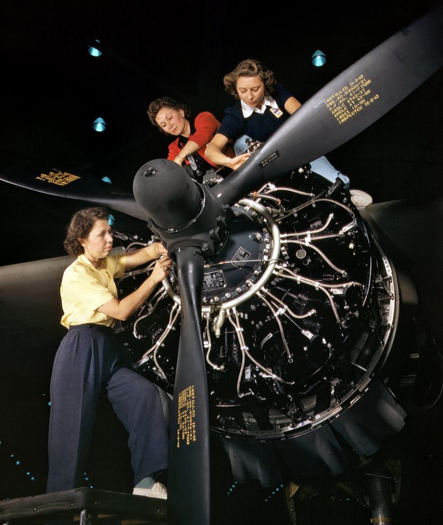 Women at work in 1942 Women at work on bomber, Douglas Aircraft Company, Long Beach, California in October 1942.