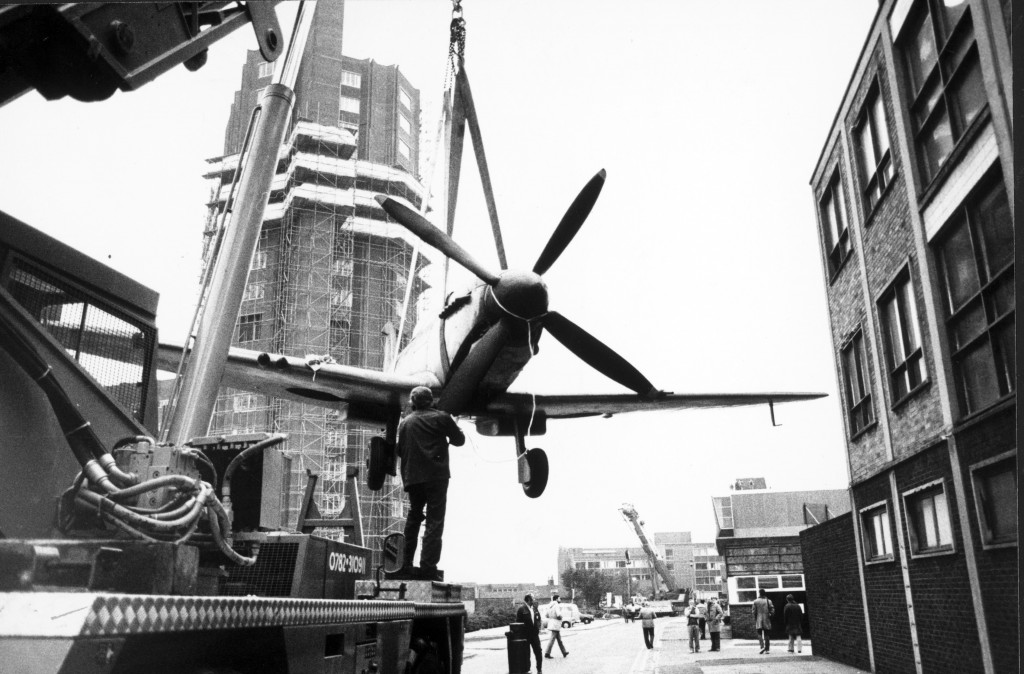 Operation Spitfire Aims to Restore Stoke City Icon 10 Spitfire XVI being lowered into its new home in October of 1985. (photo credit: Martin Tideswell)