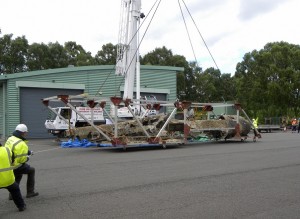 Dornier Do 17 Retrieved From Goodwin Sands Arrives at RAF Museum Cosford 11 Protected by aluminum framework, the plane is lowered onto casters to allow museum crews to roll it into its hydration tunnel. (Image Credit: Trustees of the Royal Air Force Museum)