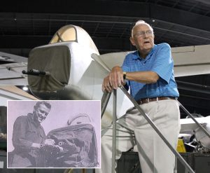 WWII Veteran Tail Gunner Visits the Tribute to the B-25 He Crewed 11 Norris near the tail gunner’s position of the B-25. The inset photo shows Norris as an 18-year-old gunner during WWII. (Image Credit: Museum of Aviation)