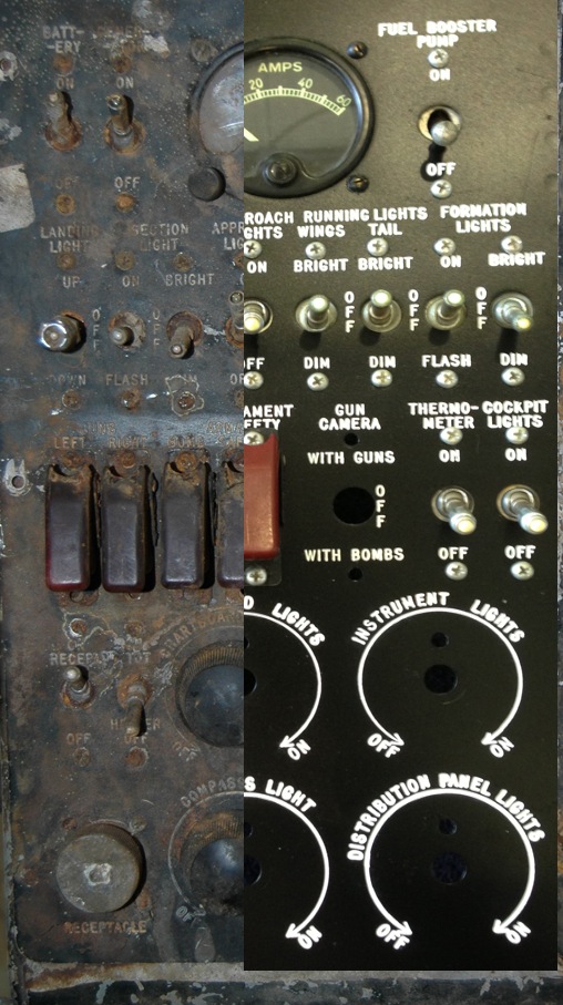 Restoration of Douglas SBD Dauntless Retrieved From Lake Michigan Well on its Way 15 Before and After Control Panel (Image Credit: Vultrues Row Aviation)