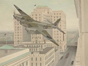 Airworthy de Havilland Mosquito Restoration Approaches Completion in Canada 13 Artist rendering of 'F for Freddie' buzzing the streets of Calgary on May 9, 1945. (Image Credit: Calgary Mosquito Society)