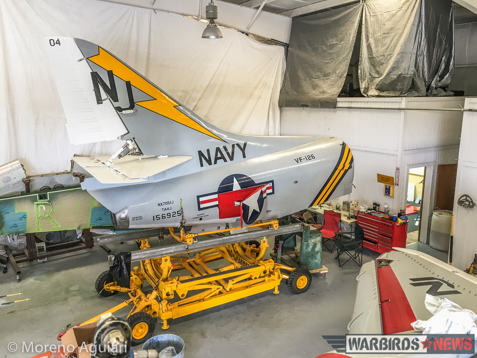 Classic Fighters of America - Restoration Shop Update 15 The Skyhawk's rear fuselage on it's mounting trolly showing the fresh paintwork. (photo by Moreno Aguiari)