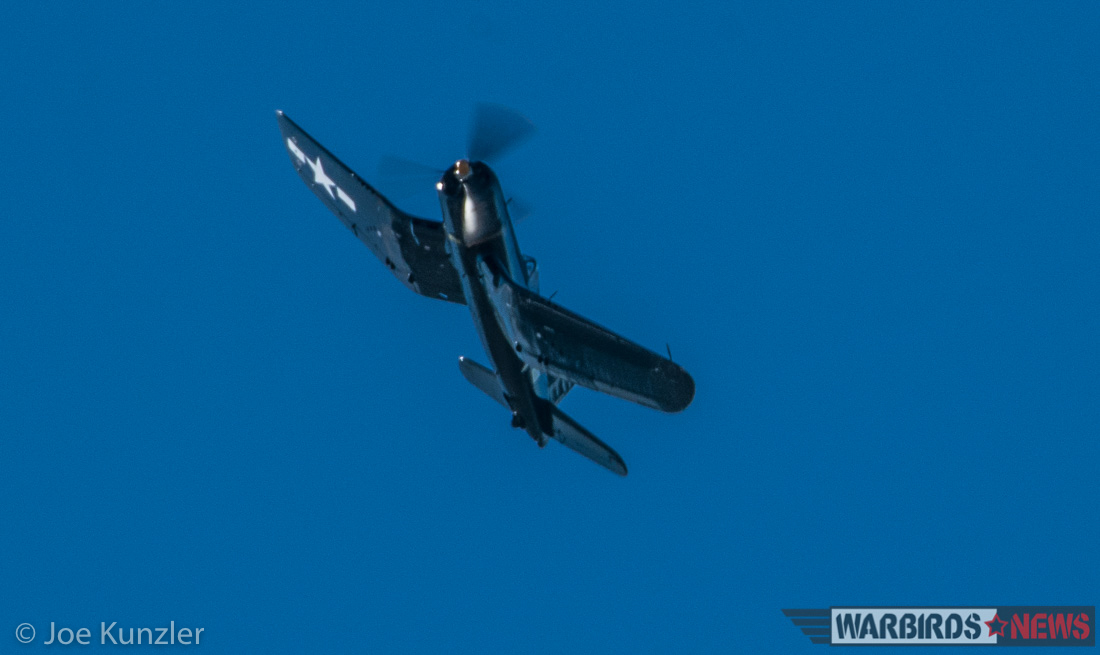 Flying Heritage Red Letter Day - Mosquito Flies and Corsair Arrives! 14 Combat veteran Corsair, FG-1D Bu.88303 soon after she arrived over Paine Field for landing. (photo by Joe Kunzler)