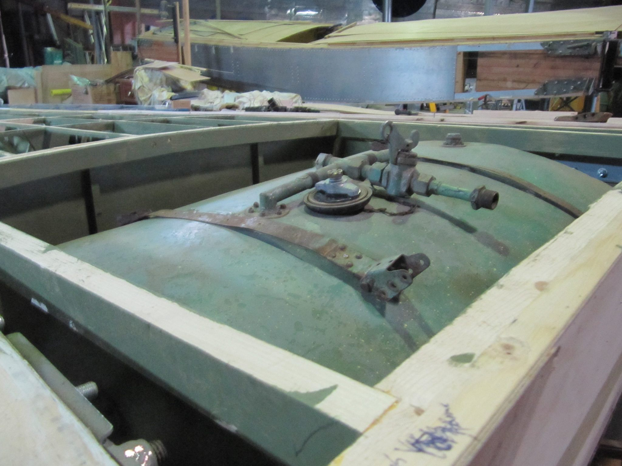Australian Airspeed Oxford - Project Update 22 One of the fuel tanks installed in the Oxford wing center section. (photo via B-24 Liberator Memorial Fund)