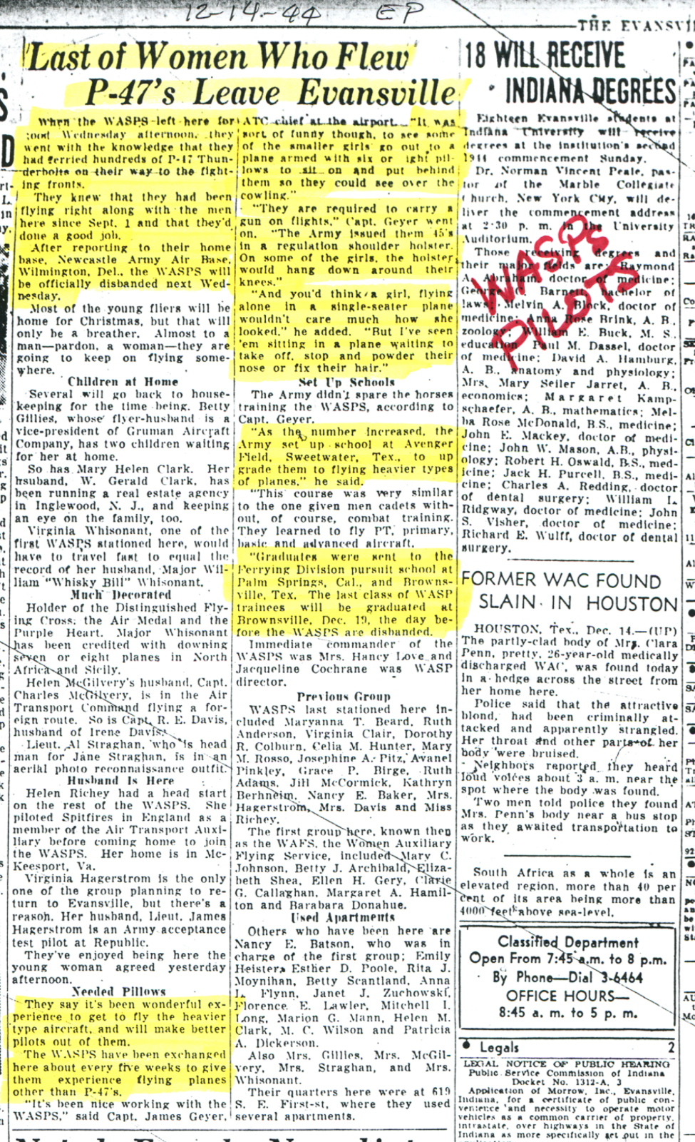 Dakota Territory Air Museum’s P-47 Update – May, 2019 30 22 Copy of WASP ferry pilots 1944 12 14 Republic Aviation ferry pilots
