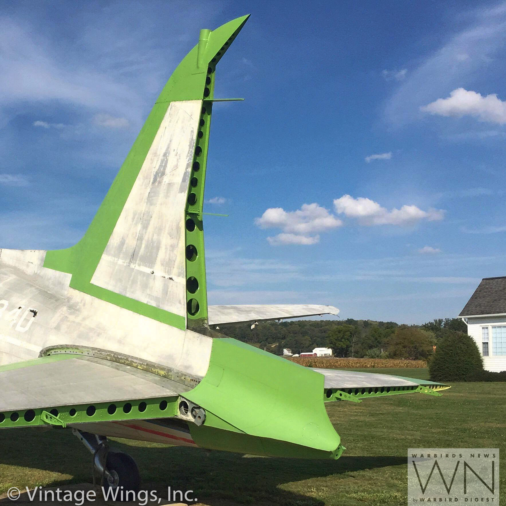 Restore the Roar - Help Get a WWII Veteran C-53 Skytrooper Back in the Air! 12 Work to restore the empennage is clearly evident in this image. Everything painted in green primer has been renewed. (photo via Vintage Wings, Inc.)