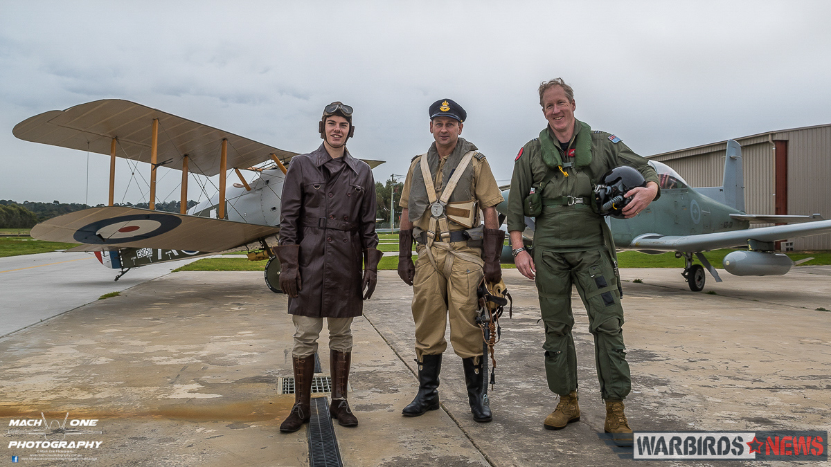 4 Squadron RAAF: Celebrating A Centenary - 1916 - 2016 29 WWI, WWII and present day pilot garb on display from left to right. (photo by Matt Savage)