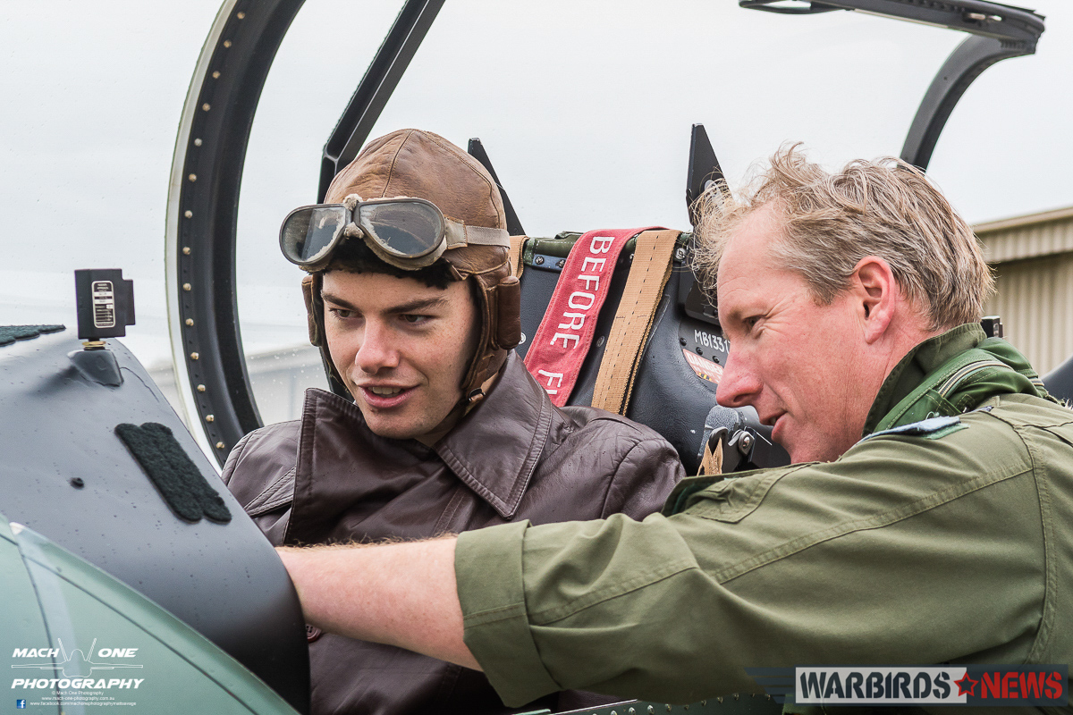 4 Squadron RAAF: Celebrating A Centenary - 1916 - 2016 25 Flt.Lt. Burrows showing the PC-9 off to the WWI re-enactor sitting in the cockpit. (photo by Matt Savage)