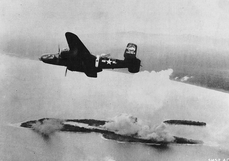 New EAA Exhibit Honors 345th BG 'Air Apaches' of World War II 12 North American B-25D-5-NA Mitchell s/n 41-30024 500th Bomb Squadron "Rough Raiders", 345th Bomb Group "Air Apaches". Over Wakde Island on May 11,1944. (USAAF photo via Wikipedia)