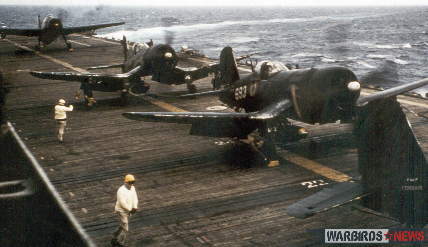 POOR LITTLE LAMBS - The Corsairs of Baa Baa Blacksheep 17 Bu.133693 during her Aeronavale days on the deck of a French aircraft carrier. (photo via Stephen Chapis)