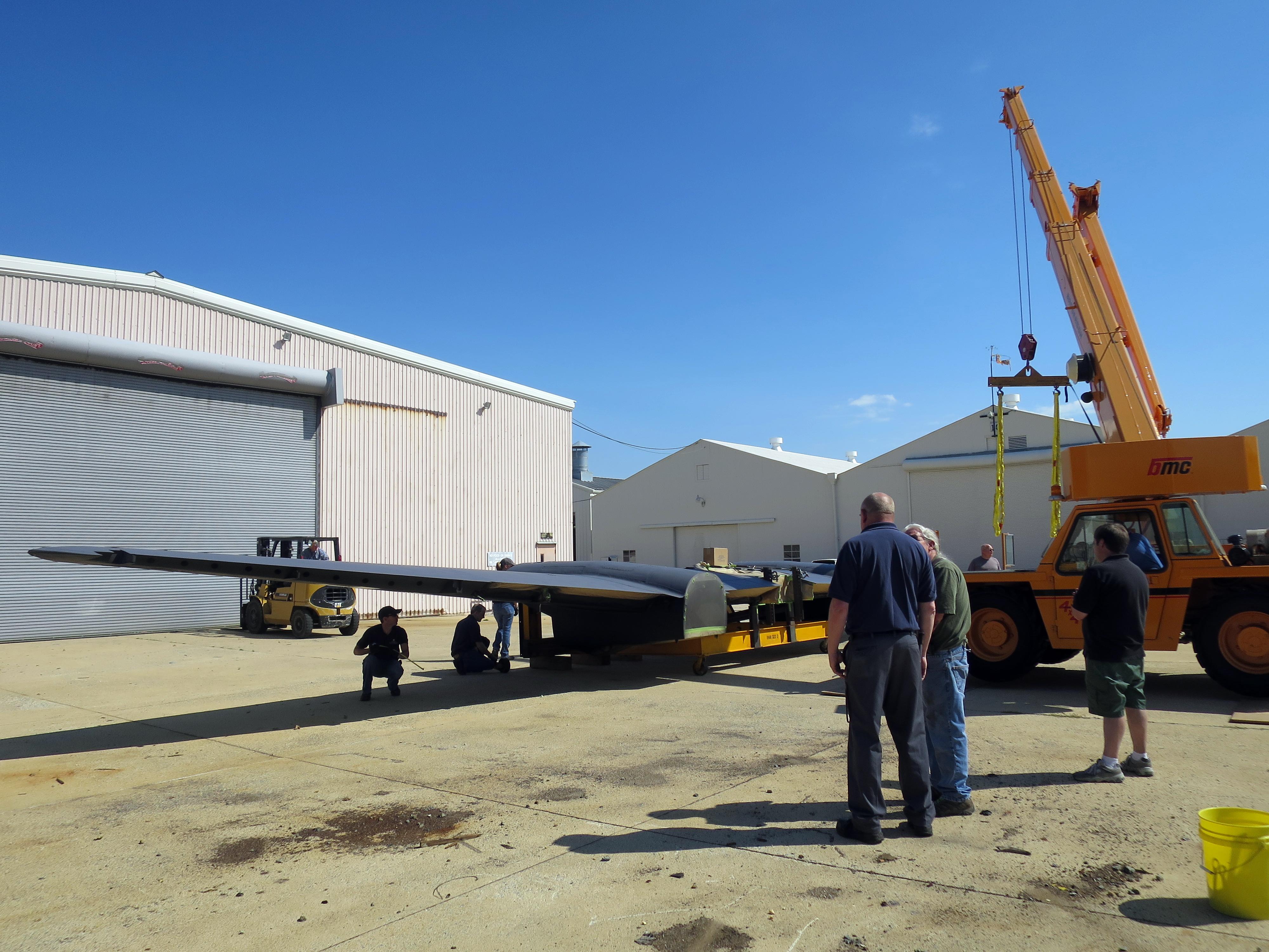 NASM's Heinkel He-219 Restoration Update 15 Once on the ground, wing and stand are measured one more time to determine the needs for their final transport. Subsequently, the wing was rolled back into the paint shop, and is now ready to be shipped to Udvar-Hazy Center. (photo via NASM)