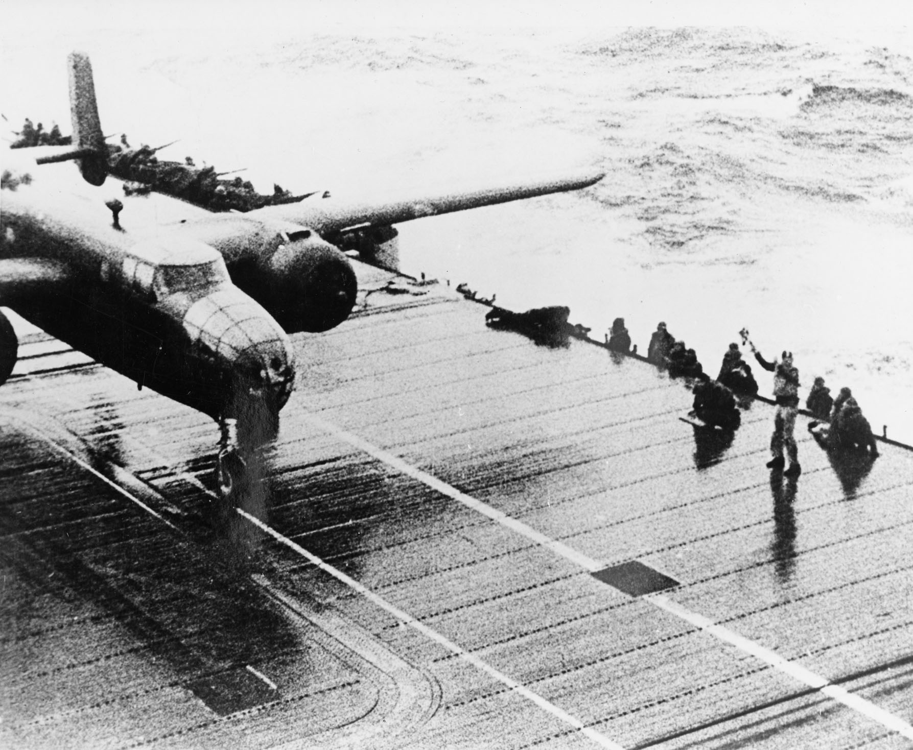 National Museum of the U.S. Air Force to Commemorate 75th Anniversary of the Doolittle Tokyo Raid 12 The aircraft carrier Hornet had 16 AAF B-25s on deck, ready for the Tokyo Raid. (U.S. Air Force photo) 4 of 4 DOWNLOAD HI-RES / PHOTO DETAILS The aircraft carrier Hornet had 16 AAF B-25s on deck, ready for the Tokyo Raid. (U.S. Air Force photo) DAYTON, Ohio -- Lt. Col. Richard “Dick” E. Cole, who served as Jimmy Doolittle’s co-pilot on Crew No. 1. Cole, now 101 years old, plans to return to the National Museum of the U.S. Air Force in April to commemorate the 75th anniversary of the raid. (U.S. Air Force photo by Jeff Fisher) 1 of 4 DOWNLOAD HI-RES / PHOTO DETAILS DAYTON, Ohio -- Lt. Col. Richard “Dick” E. Cole, who served as Jimmy Doolittle’s co-pilot on Crew No. 1. Cole, now 101 years old, plans to return to the National Museum of the U.S. Air Force in April to commemorate the 75th anniversary of the raid. (U.S. Air Force photo by Jeff Fisher) On 18 April 1942, airmen of the US Army Air Forces, led by Lt. Col. James H. (Jimmy) Doolittle, carried the Battle of the Pacific to the heart of the Japanese empire with a surprising and daring raid on military targets at Tokyo, Yokohama, Yokosuka, Nagoya, and Kobe. This heroic attack against these major cities was the result of coordination between the Army Air Forces and the US Navy, which carried the sixteen North American B-25 medium bombers aboard the carrier USS Hornet to within take-off distance of the Japanese Islands. Here, a pair of alert escorts follow the USS Hornet to protect her lethal cargo of B-25 bombers. (U.S. Air Force Photo) 2 of 4 DOWNLOAD HI-RES / PHOTO DETAILS On 18 April 1942, airmen of the US Army Air Forces, led by Lt. Col. James H. (Jimmy) Doolittle, carried the Battle of the Pacific to the heart of the Japanese empire with a surprising and daring raid on military targets at Tokyo, Yokohama, Yokosuka, Nagoya, and Kobe. This heroic attack against these major cities was the result of coordination between the Army Air Forces and the US Navy, which carried the sixteen North American B-25 medium bombers aboard the carrier USS Hornet to within take-off distance of the Japanese Islands. Here, a pair of alert escorts follow the USS Hornet to protect her lethal cargo of B-25 bombers. (U.S. Air Force Photo)