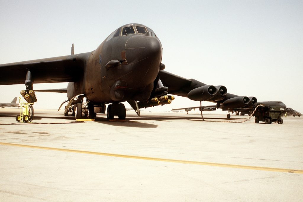 Operation Midnight Hammer and The Legacy of Long-Range Airpower 21 A B 52G Stratofortress aircraft is serviced on the flight line prior to flying a bombing mission against Iraqi forces during Operation Desert Storm. The aircraft is armed with M 117 750 pound bombs
