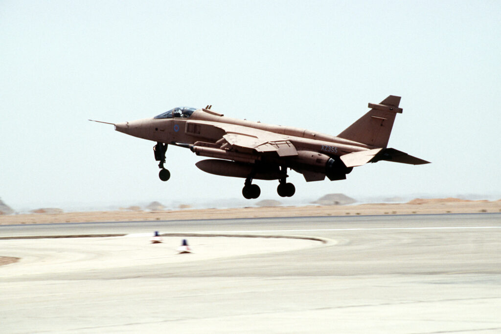 Preserving Jaguar XX764 10 A Royal Air Force SEPECAT Jaguar GR1 aircraft sn XZ355 from No. 41 Squadron RAF takes off probably from Bahrain during operation 22Desert Storm22 on 23 January 1991