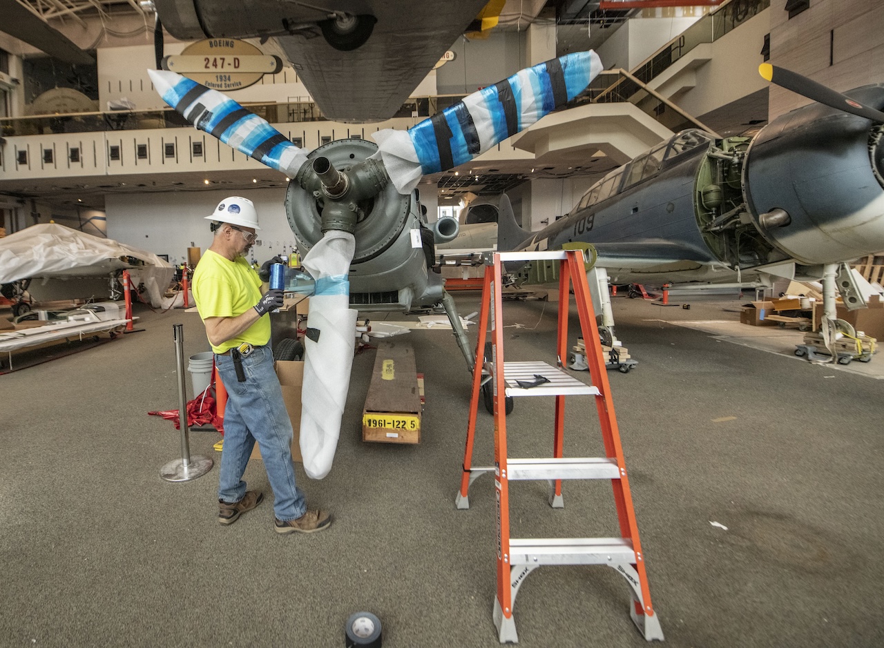 National Air and Space Museum Prepares for a New WWII Gallery 16 A contractor wraps a propeller on the Messerschmitt Bf 109 G 6 R3 in the closed America by Air gallery June 24 2019. Smithsonian photo by Jim Preston