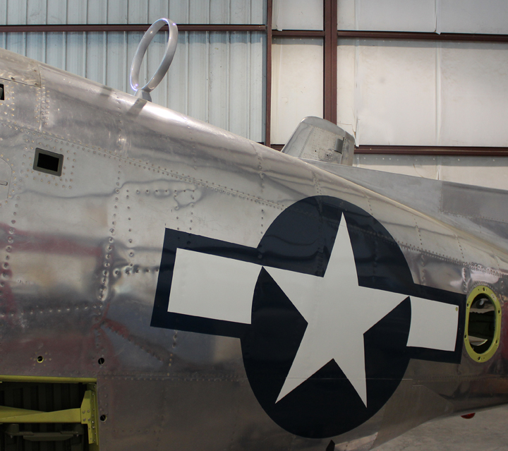 XP-82 Twin Mustang - February/March 2017 - Restoration Update 14 Another view of the ADF antenna, showing its position on the port rear fuselage. (photo via Tom Reilly)