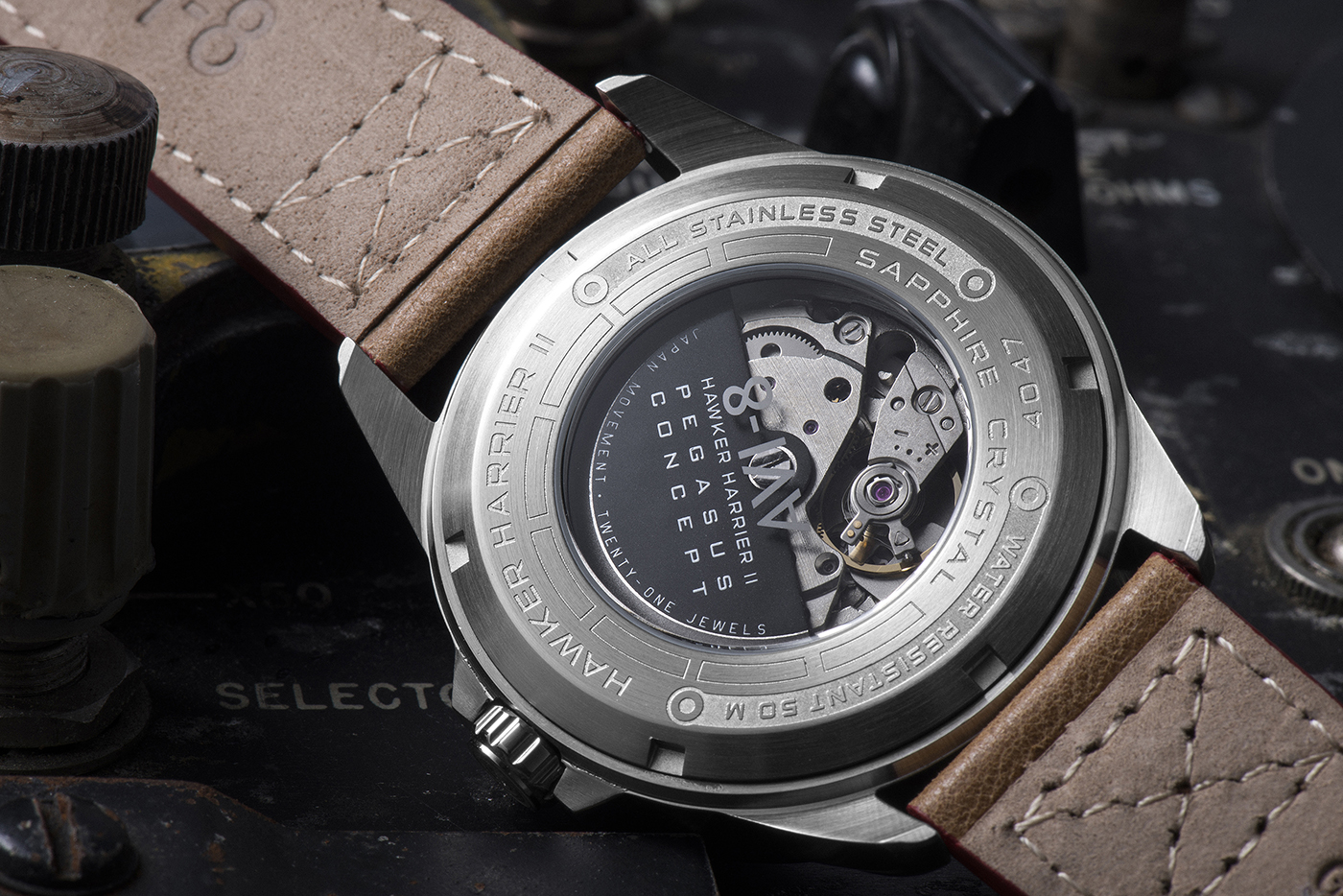 Introducing the AVI-8 Harrier II Timepiece 14 The sapphire crystal window on the case back shows off the inner workings of the watch.