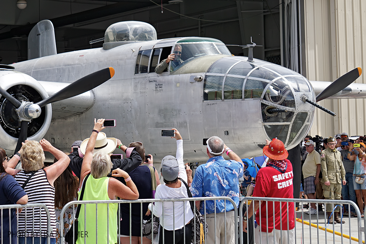 Palm Springs Air Museum Flying High in 2017 11 Aero Trader own B-25 piloted by Carl Scholl roll out for flower drop. (photo by Lisa Plummer)