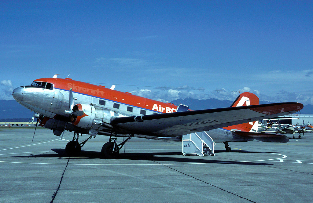 CAF Highland Lakes Squadron Receives a Douglas Dakota 10 Air BC DC 3 KP224 C GSCB at Vancouver International Airport August 30 1983 Eduard Marmet via Wikipedia