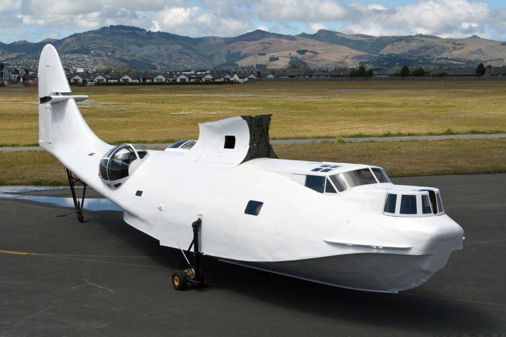 World Catalina News 2021 14 Although far from a complete restoration the hull of the Royal Air Force Museum of New Zealand Catalina was looking great when temporarily out in the open recently. She is now back in storage. Photo RAFMNZ