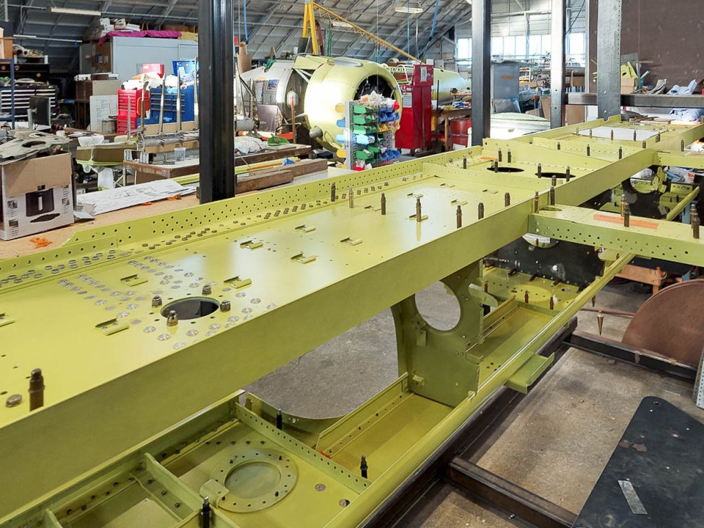 Military Aviation Museum SBD-5 Dauntless – Restoration Update 12 Another view of the two spars and their interconnecting ribs mounted in the Wing Center Section jig