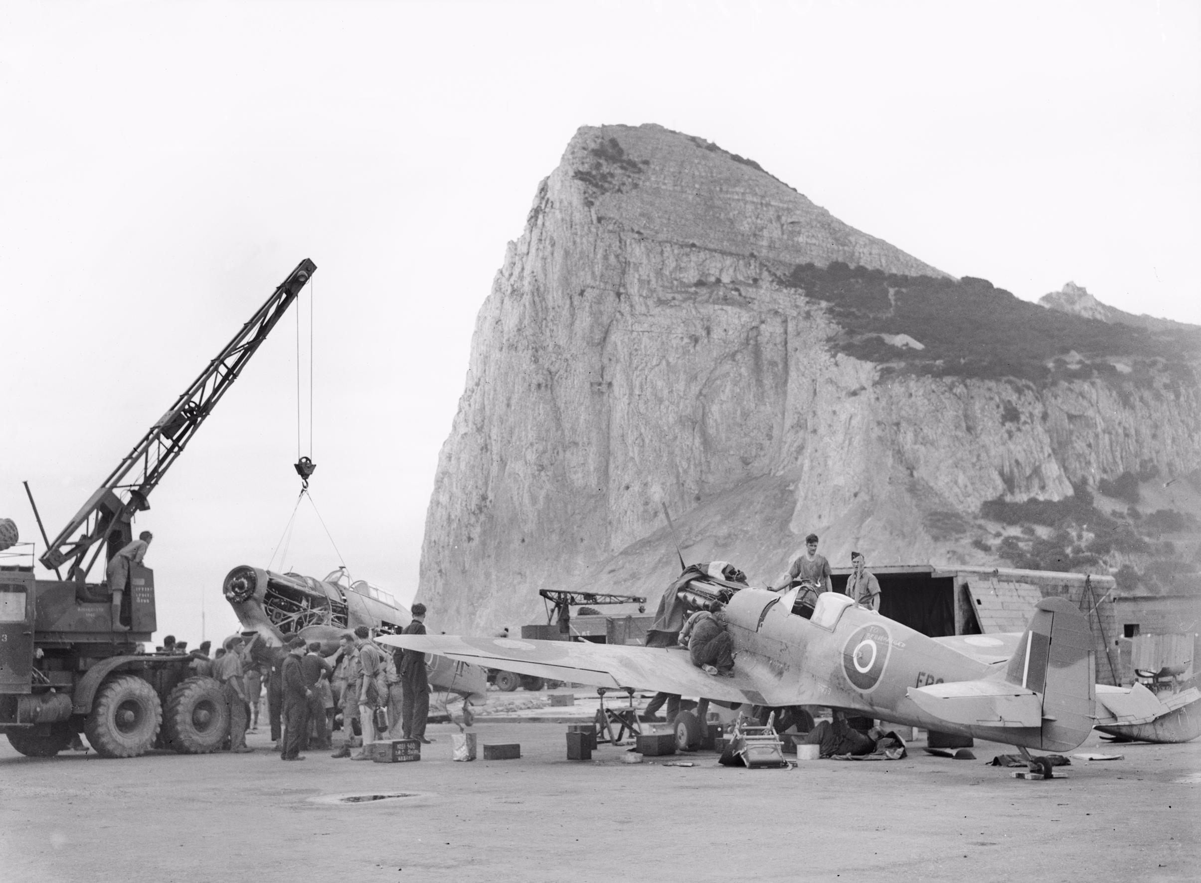 Pima Air & Space Museum's Freshly Refurbished Hawker Hurricane Mk.XII Unveiled 11 Assembling Hawker Hurricane and Supermarine Spitfire in front of the Rock of Gibraltar