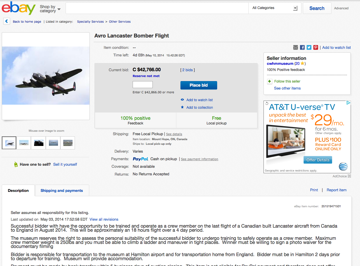 CWHM Lancaster's Transatlantic Flight For Sale on eBay. 11 Avro Lancaster Bomber Flight - eBay auction