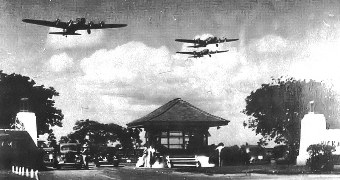 No Ordinary Soldier: My Father's Two Wars 13 Boeing B-17D Fortresses of the 5th Bombardment Group overfly the main gate at Hickam Field, Hawaii Territory during the summer of 1941. 21 B-17C/Ds had been flown out to Hawaii during May to reinforce the defenses of the islands. (Photo via Wikipedia)