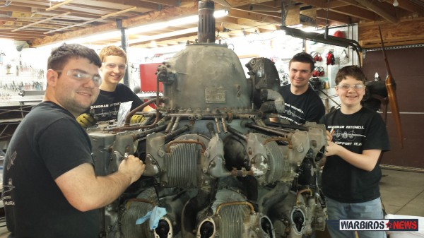 B-25 Sandbar Mitchell - April Restoration Update 12 The youth team working on the clapped out R-2800 engine, which they will restore to static display for a Florida museum. (photo via Sandbar Mitchell)