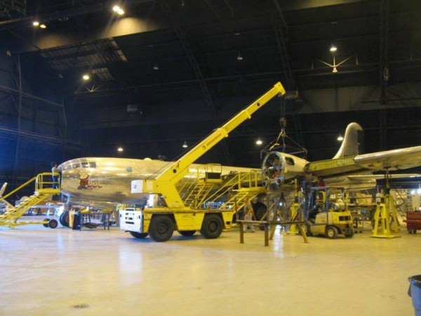 Engine Nacelles and Propellers Ready For B-29 "Doc" 10 Doc's Friends volunteers worked over the past weekend (Oct. 12 & 13) to hang the first of four restored & rebuilt engine nacelles for our B-29.