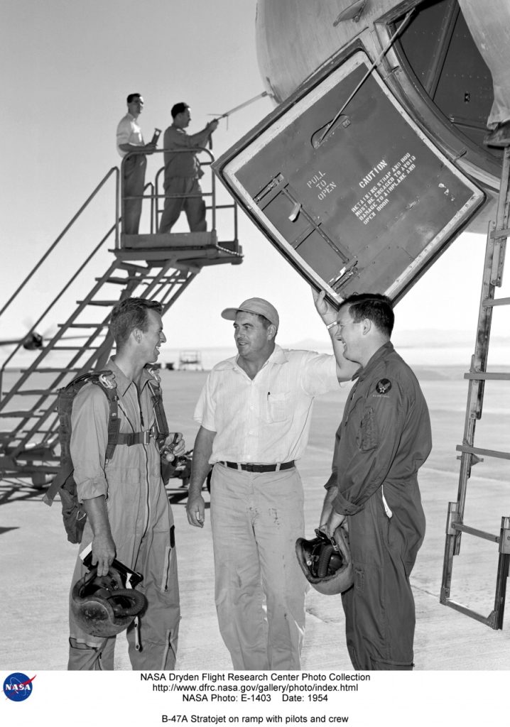 Flight Test Files: B-47A Stratojet 14 B 47A on ramp with crew pilots Stan Butchart and Joe Walker